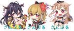  antenna_hair bare_shoulders black_hair blonde_hair bow breasts cleavage danua draph granblue_fantasy gretel_(granblue_fantasy) hair_between_eyes hair_bow hair_flaps hair_ornament hair_ribbon hairclip hansel_(granblue_fantasy) horn_ornament horns jewelry kantai_collection large_breasts long_hair medium_breasts multiple_girls namanie pointy_ears ponytail red_eyes remodel_(kantai_collection) ribbon smile thighhighs vira_lilie yuudachi_(kantai_collection) 