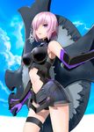  armor black_armor cloud day elbow_gloves fate/grand_order fate_(series) gloves hair_over_one_eye impossible_clothes mash_kyrielight midriff navel parted_lips purple_eyes purple_hair shield shirotsumekusa short_hair solo 