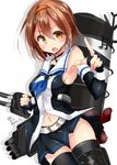  belt black_serafuku brown_hair cosplay elbow_gloves gloves hairband kantai_collection kawakaze_(kantai_collection) kawakaze_(kantai_collection)_(cosplay) long_hair machinery mokufuu panties red_hairband school_uniform serafuku shiratsuyu_(kantai_collection) short_hair smile solo underwear white_panties 