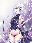  armpits belt blue_eyes dagger dual_wielding fate/apocrypha fate_(series) holding jack_the_ripper_(fate/apocrypha) lowleg lowleg_panties midriff miyabi_urumi navel panties parted_lips scar short_hair solo thighhighs underwear weapon white_hair 