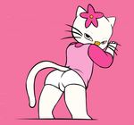  anthro butt clothing feline female fur hello_kitty_(character) looking_at_viewer looking_back mammal pink_background pink_eyes presenting renabu simple_background solo 