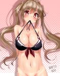 adapted_costume bikini bottomless breasts brown_hair kantai_collection large_breasts long_hair mokufuu mouth_hold murasame_(kantai_collection) solo swimsuit tan tanline twintails 
