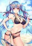  absurdres belt bikini black_bikini blue_hair breasts cleavage commentary english_commentary eyewear_on_head highres large_breasts loose_belt luthica_preventer multi-strapped_bikini red_eyes sheath smile string_bikini sunglasses swimsuit sword sword_girls tonaitoo twintails weapon whistle 