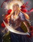  armor blonde_hair breastplate circlet elf fantasy flower forehead_jewel gloves green_eyes long_hair long_skirt lord_of_the_rings nose pauldrons pointy_ears realistic skirt sword the_hobbit thranduil vambraces weapon yang_fan 