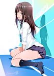  aqua_eyes arms_between_legs brown_hair dress_shirt from_side idolmaster idolmaster_cinderella_girls inoue_sora long_hair necktie no_cardigan open_mouth shibuya_rin shirt sitting skirt smile socks solo wariza white_shirt 