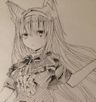  akemi_homura animal_ears cat_ears dress funeral_dress hairband hthtrkyn long_hair mahou_shoujo_madoka_magica mahou_shoujo_madoka_magica_movie monochrome traditional_media 