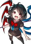  asymmetrical_wings black_dress black_hair black_legwear blurry bow bowtie depth_of_field downscaled dress fangs from_above highres houjuu_nue looking_at_viewer md5_mismatch open_mouth pyonsuke_(pyon2_mfg) red_bow red_eyes resized short_hair short_sleeves simple_background smile solo thighhighs touhou white_background wings zettai_ryouiki 
