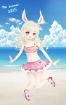  2015 animal_ears beach bikini blonde_hair bunny_ears cloud curly_hair day elin_(tera) flower hair_flower hair_ornament highres knees_together_feet_apart long_hair navel ocean red_eyes sandals sky smile solo swimsuit tera_online 