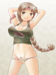  1girl alternate_breast_size armband armpits arms_behind_head arms_up blush breasts brown_eyes brown_hair cleavage headband highres large_breasts long_hair midriff navel necktie no_pants panties parted_lips pee peeing peeing_self pubic_hair pussy ryuuko_no_ken solo tank_top the_king_of_fighters underwear wet wet_clothes wet_panties yuri_sakazaki 