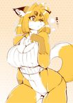  2015 amakuchi anthro big_breasts breasts canine clothed clothing eyebrows female fox foxy-rena fur hair japanese_text mammal one_eye_closed open_mouth simple_background solo text translated voluptuous wink 