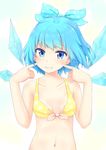  absurdres bikini blue_eyes blue_hair blush breasts cirno gradient gradient_background grin hair_ornament hair_ribbon highres ice ice_wings looking_at_viewer midriff nanabe navel pointing pointing_at_self polka_dot polka_dot_bikini polka_dot_swimsuit ribbon short_hair small_breasts smile solo swimsuit touhou upper_body wings 