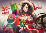  2014 black_hair box breasts character_request christmas cleavage detached_collar detached_sleeves gift gift_box green_eyes hat jofang large_breasts lips long_hair nose parted_lips santa_costume santa_hat smile solo wide_sleeves 