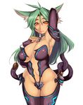  1girl animal_ears armpits breasts cleavage collar dakina elbow_gloves female gloves green_hair keshin large_breasts long_hair mole monster_girl nipples pixiv_fantasia pixiv_fantasia_4 simple_background solo tail 