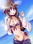  bikini bikini_under_clothes black_bikini black_hair blue_eyes braid cowboy_shot dress_shirt hair_over_shoulder highleg highleg_bikini kantai_collection long_hair miuku_(marine_sapphire) remodel_(kantai_collection) sarong shigure_(kantai_collection) shirt single_braid solo swimsuit swimsuit_under_clothes undressing 