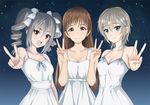  anastasia_(idolmaster) brown_eyes brown_hair double_v dress drill_hair idolmaster idolmaster_cinderella_girls inoshira kanzaki_ranko long_hair multiple_girls nitta_minami red_eyes shine!! short_hair silver_hair smile twin_drills twintails v white_dress 