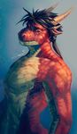  black_hair clothed clothing dragon e_gnuj hair half-dressed horn male solo standing topless 
