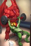  abs balls biceps bulge claws clothing dinosaur fangs justmegabenewell male male/male muscles nipple_piercing nipples open_mouth pecs penis piercing red_skin tight_clothing weightlifting 