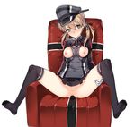  anchor_hair_ornament anus bad_id bad_pixiv_id blonde_hair blush breasts breasts_outside censored chair full_body gloves green_eyes hair_ornament hat highres iron_cross kantai_collection knees_up kuro_(kuronell) long_hair looking_at_viewer military military_uniform nipples no_panties panties peaked_cap prinz_eugen_(kantai_collection) pussy sitting small_breasts solo spread_legs tears thighhighs twintails underwear uniform white_gloves 