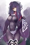  agnes_(sennen_sensou_aigis) black_hair bodysuit boots breasts covered_navel covered_nipples cowboy_shot funeral_veil hijiri large_breasts long_hair looking_at_viewer red_eyes sennen_sensou_aigis skull solo thigh_boots thighhighs veil 