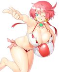  ;d ball beachball bikini blue_eyes blush breasts cleavage clover commentary_request covered_nipples earrings elphelt_valentine four-leaf_clover guilty_gear guilty_gear_xrd jewelry large_breasts looking_at_viewer navel one_eye_closed onsoku_maru open_mouth pink_hair short_hair side-tie_bikini simple_background smile solo swimsuit tongue tongue_out 