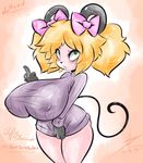  2015 anthro big_breasts blonde_hair blush bow breasts clothing green_eyes hair huge_breasts mammal mouse rodent solo sweater tiffy_cheesecake 