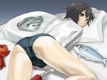  black_hair black_panties blush clothed_masturbation fish frown green_eyes hayasui_(kantai_collection) jacket kantai_collection kurorichin long_sleeves masturbation panties pillow short_hair solo top-down_bottom-up track_jacket underwear 