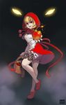  apple apron basket blonde_hair bloomers blue_eyes breasts bulleta dress explosive food fruit full_body grenade holster hood loafers outstretched_arm red_dress red_hood shoes short_hair small_breasts solo sosoa standing standing_on_one_leg thigh_holster underwear vampire_(game) 