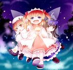 blonde_hair blue_eyes bow brown_eyes brown_hair drill_hair fairy_wings fang hair_bow hat hat_bow headdress highres luna_child multiple_girls night open_mouth paji red_eyes sash star_sapphire sunny_milk touhou wings 
