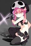  female hat jakuzure_nonon kill_la_kill knife no_panties pink_eyes pink_hair saru simple_background solo weapon 