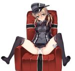  anchor_hair_ornament bad_id bad_pixiv_id blonde_hair blush breasts chair covered_nipples full_body gloves green_eyes hair_ornament hat highres iron_cross kantai_collection knees_up kuro_(kuronell) long_hair looking_at_viewer military military_uniform panties peaked_cap pleated_skirt prinz_eugen_(kantai_collection) sitting skirt small_breasts solo spread_legs tears thighhighs twintails underwear uniform white_gloves white_panties 