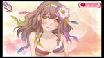  bikini blush border gradient gradient_background hair_ornament looking_at_viewer luminous_arc luminous_arc:infinity multicolored_hair rana_(luminous_arc) sitting small_breasts smile solo swimsuit 