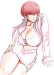  breasts cleavage cropped_jacket hair_over_eyes invisible_chair large_breasts lips long_hair midriff navel reclining red_hair shermie shopyun sitting solo the_king_of_fighters 