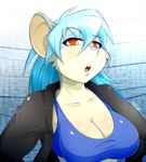  2015 anthro big_breasts blue_hair breasts buckteeth bust_portrait cleavage clothed clothing female fur grey_fur hair looking_at_viewer mammal mouse orange_eyes rodent ryousakai solo sweater white_fur 