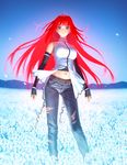  aozaki_aoko belt blue_eyes blurry breasts denim depth_of_field elbow_gloves gloves glowing glowing_hair highres jeans large_breasts long_hair mahou_tsukai_no_yoru midriff navel pants red_hair solo torn_clothes torn_jeans torn_pants very_long_hair 