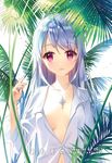  artist_name bangs breasts breasts_apart collarbone jewelry long_hair looking_at_viewer necklace parted_lips red_eyes salt_(salty) shirt silver_hair small_breasts solo swept_bangs unbuttoned upper_body watermark web_address white_background 