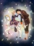  1girl alvin_(tales) blonde_hair bowing brown_hair dress elize_lutus facial_hair hand_kiss height_difference kiss rocking_horse sitting smile star tales_of_(series) tales_of_xillia tenguu_rio 