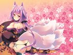  animal_ears ass black_legwear black_panties blush bow breasts cleavage floral_background fox_ears fox_tail hair_bow large_breasts long_hair looking_at_viewer looking_back panties purple_hair red_eyes shimakaze side-tie_panties smile solo tail thong underwear 