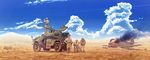  afrika_korps aircraft airplane armored_vehicle bandages binoculars blue_sky cannon cloud coffee commentary_request damaged day desert earasensha fire goggles ground_vehicle gun hat highres hurricane_(airplane) iron_cross machine_gun male_focus military military_uniform military_vehicle multiple_boys original sdkfz_222 sky turret uniform weapon world_war_ii 