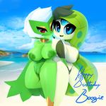  2girls blue_eyes breasts cameltoe furry green_skin huge_breasts looking_at_viewer meloetta multiple_girls open_mouth plantpenetrator pokemon red_eyes roserade sling_bikini white_skin 