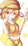  absurdres animal_ears bunny_ears collarbone cowboy_shot crop_top dango dior-zi eighth_note fingers_to_cheek flat_cap floppy_ears food food_in_mouth hat highres midriff musical_note navel orange_shirt polka_dot polka_dot_background red_eyes ringo_(touhou) shirt short_sleeves simple_background skewer smile solo touhou v wagashi 