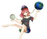  bare_legs bare_shoulders clothes_writing earth feet hecatia_lapislazuli highres moon red_eyes red_hair shirt skirt touhou 