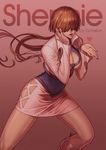  blown_kiss boots breasts brown_hair cleavage cleavage_cutout cropped_jacket eclosion hair_over_eyes heart large_breasts lips long_hair miniskirt nail_polish shermie skirt solo the_king_of_fighters 