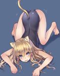  absurdres animal_ears ass ass_shake barefoot blonde_hair blue_background blush cat_ears cat_tail hair_ribbon hair_tubes highres long_hair looking_at_viewer moriya_suwako one-piece_swimsuit open_mouth oukawa_yuu purple_eyes ribbon school_swimsuit slit_pupils solo swimsuit tail top-down_bottom-up touhou 