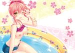  ;d bangle bare_arms blush bow bracelet breasts commentary_request fang hair_bow idolmaster idolmaster_cinderella_girls jewelry jougasaki_mika medium_breasts nail_polish navel nipples no_bra one_eye_closed open_mouth pink_hair ponytail riichu shirt_lift shorts smile solo tank_top v w water wet yellow_eyes 