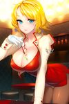  1girl bar blonde_hair blue_eyes breasts female female_only gloves large_breasts short_hair solo tattoo 