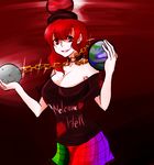  black_shirt breasts chain cleavage clothes_writing cowboy_shot earth_(ornament) gold_chain hecatia_lapislazuli hilali holding large_breasts long_fingers looking_at_viewer moon_(ornament) multicolored multicolored_clothes multicolored_skirt off_shoulder open_mouth polos_crown punk red_background red_eyes red_hair shirt short_hair skirt smile solo touhou 