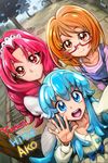  akagi_towa bangs blue_bow blue_eyes blue_hair bow brown_eyes brown_hair character_name dawkinsia glasses go!_princess_precure happinesscharge_precure! highres multiple_girls parted_bangs precure red-framed_eyewear red_eyes red_hair shirabe_ako shirayuki_hime short_hair sidelocks smile suite_precure trait_connection 