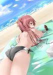  ass back bangs beach bikini bikini_top_removed blush bottle breasts cloud cowboy_shot day dutch_angle eyebrows_visible_through_hair frilled_bikini frills from_behind hair_ribbon highres horizon inu_(mezonsidepark) large_breasts long_hair looking_at_viewer looking_back lying ocean on_stomach original outdoors red_eyes red_hair ribbon side-tie_bikini sideboob sky solo sunbathing swimsuit twintails untied water 