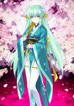  black_(artist) cherry_blossoms fate/grand_order fate_(series) green_hair japanese_clothes kiyohime_(fate/grand_order) long_hair official_art solo thighhighs tree very_long_hair 