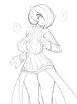  1girl :o ? alternate_breast_size breasts curvy female gardevoir hair_over_one_eye highres impossible_clothes jadf large_breasts looking_at_viewer monochrome nintendo no_humans open_mouth plump pokemon ribbed_sweater short_hair simple_background solo sweater thighs 